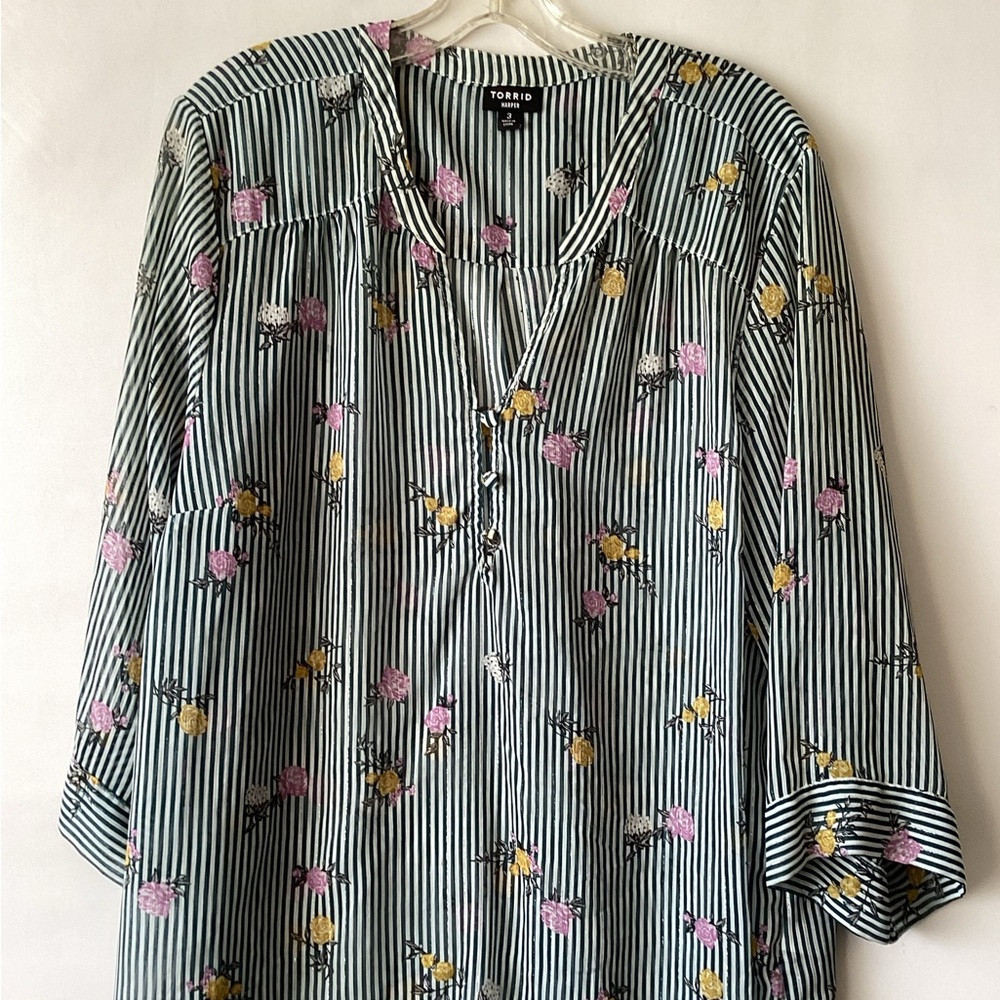 torrid Black & White Striped Blouse with Pink and Yellow Floral Embroidery